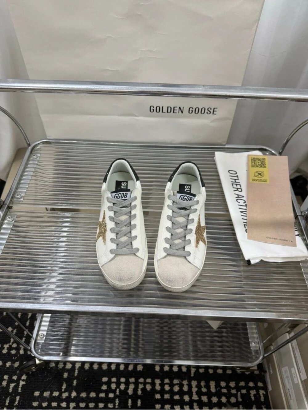 Golden Goose White Sneakers with Gold Glitter Star and Black Heel - Picture 6 of 9